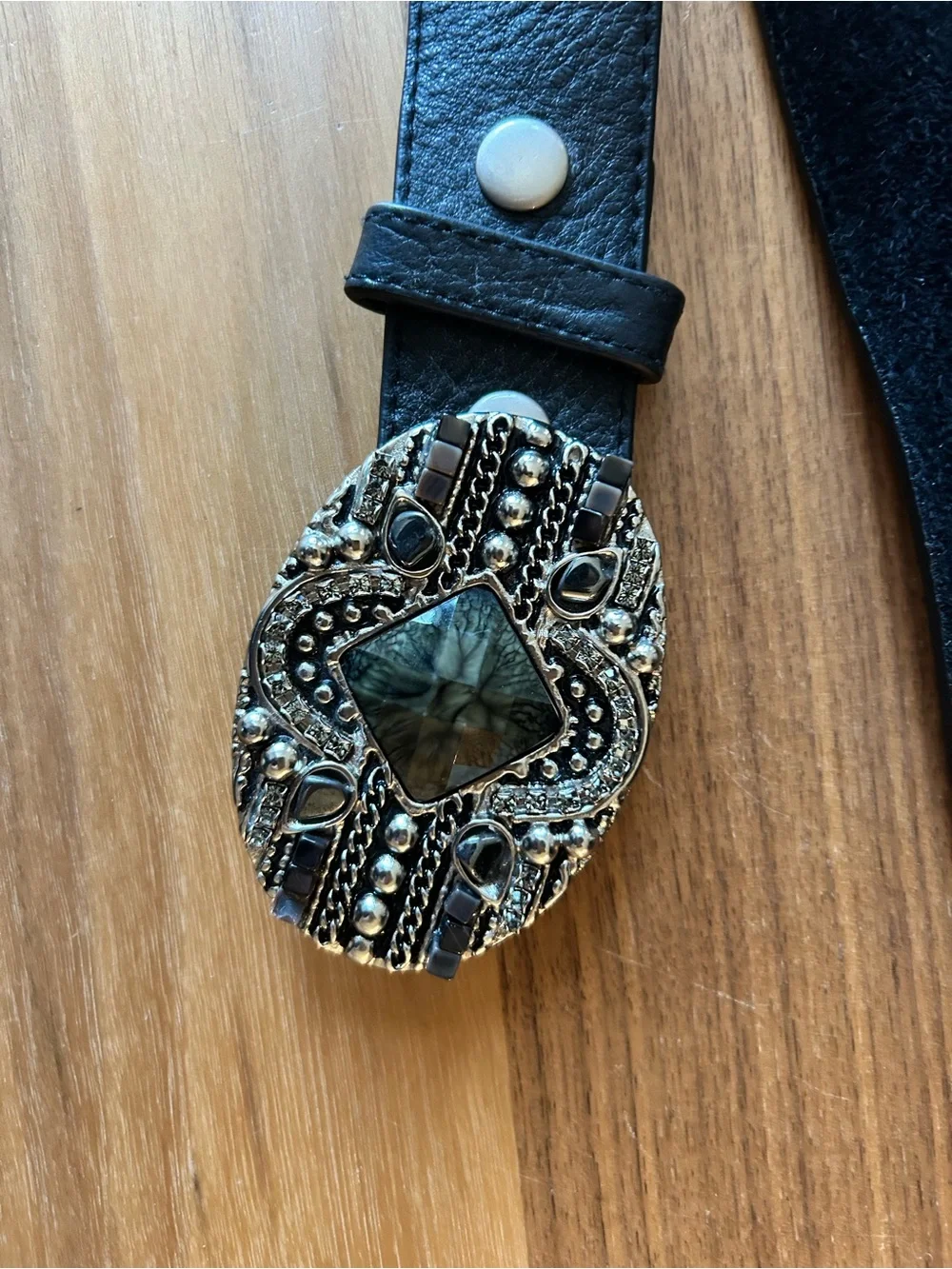 Leatherock Black Leather Belt with Ornate Gemstone